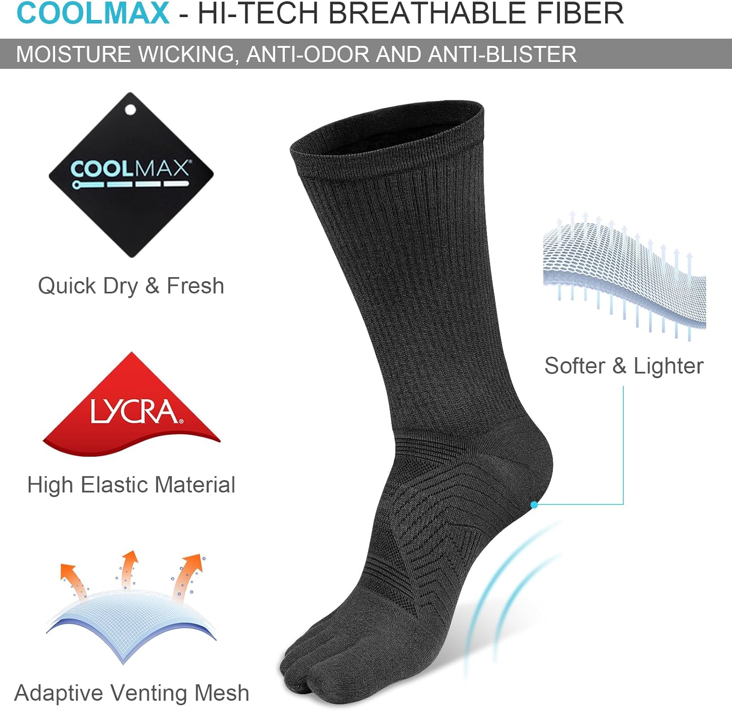 VWELL Toe Socks for Men Women Running COOLMAX Mid-Calf Finger Socks Athletic Breathable Five Toe Design Quick Dry, 3Pairs - Image 3