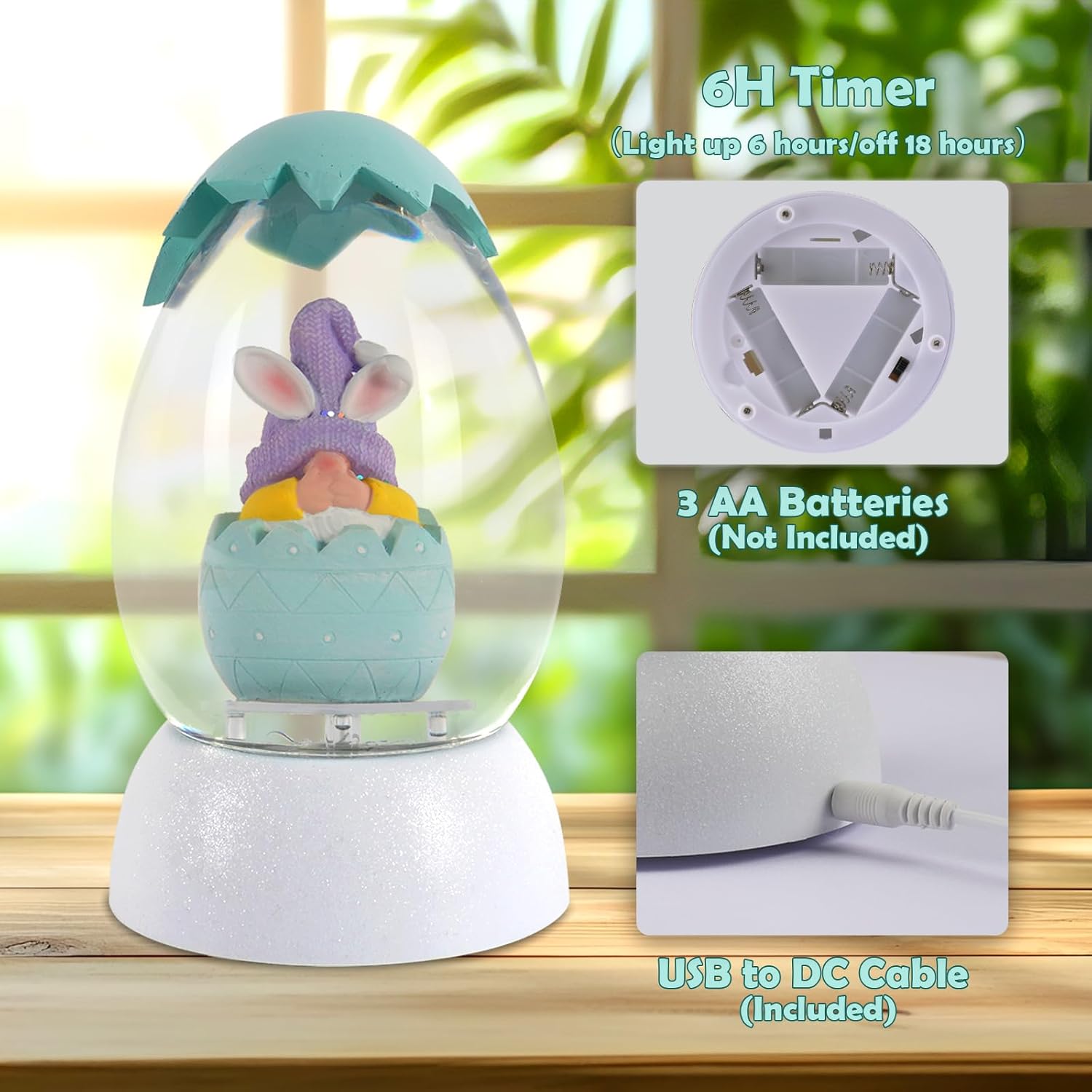 Easter Bunny Snow Globe, Egg-Shaped Rabbit Gnome Glitter Snow Globes Decor with 6H Timer, USB/Battery Operated, Spring Decoration for Easter Day Home Party Decor and Gift (Blue) - Image 5