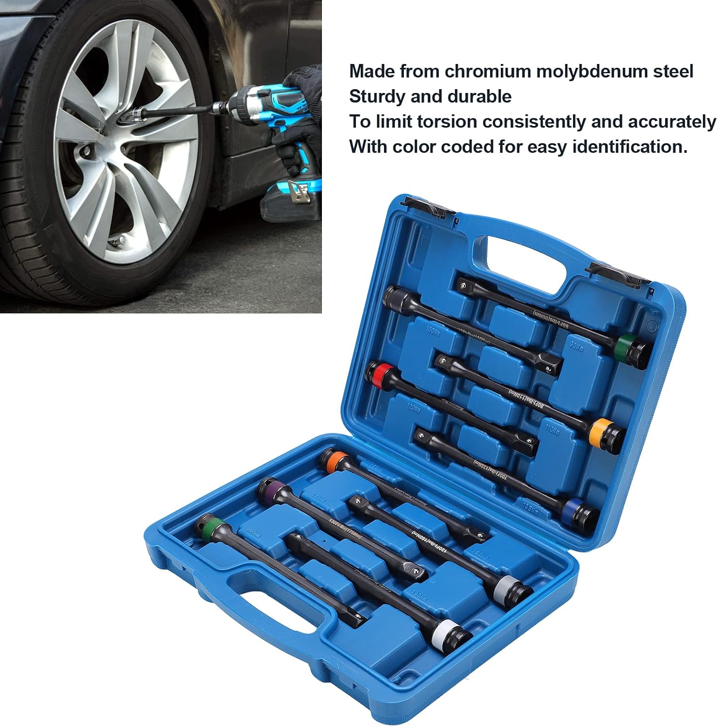 Torsion Limiting Extension Bar Set Heavy Duty Durable Molybdenum Steel Color Coded 10Pcs Toolkit for Universal Automotive Mechanical Work