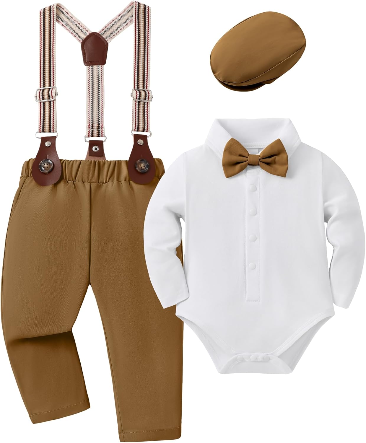 YUEMION Baby Boy Clothes Wedding Outfit Infant Tuxedo Gentleman Suits Dress Shirt+ Beret Hat +Suspender Pants +Bowtie 0-18M