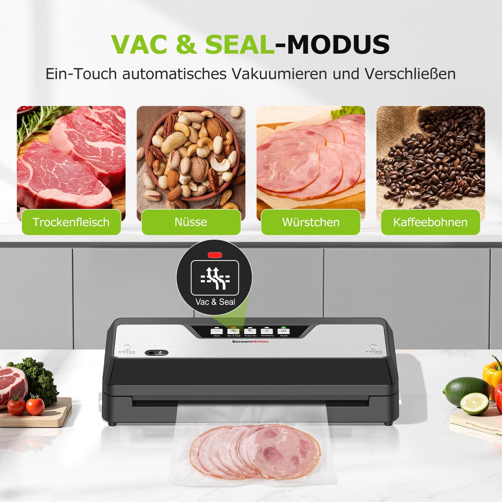 Bonsenkitchen Vakuumiergerät für Lebensmittel, Kompakt, Mehrfach-Modi, inkl. 1 Rolle und 5 Beutel, Schwarz