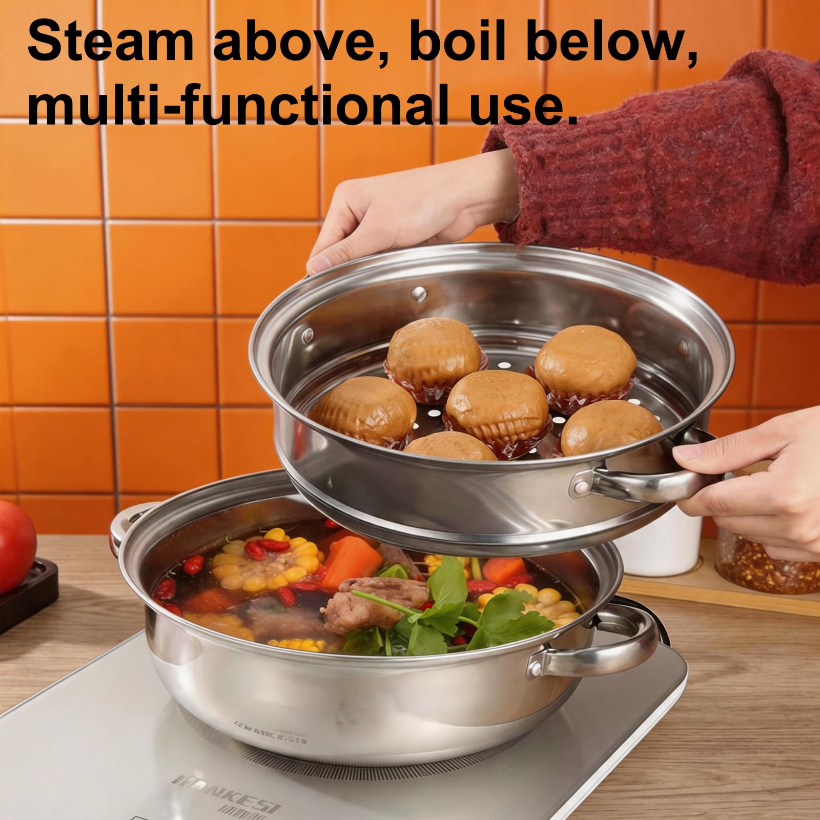 Cuiseur vapeur en acier inoxydable de 28 cm avec 3 inserts vapeur, couvercle en verre et pince à vapeur, pour tous les types de feux, pour la cuisson des légumes, des fruits de mer, des soupes, des
