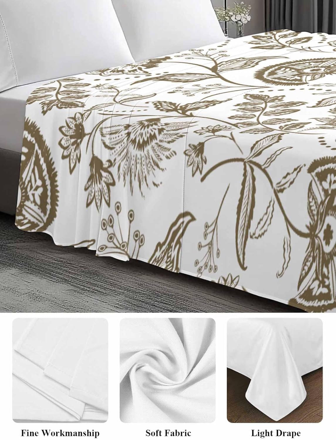 King Flat Sheet, Brown Farmhouse King Bed Sheets Only, Soft Microfiber Flat Sheet, Floral Floral Plant Leaf Vintage Spring Hotel Quality Bedding Top Sheet Bedroom Home Dorm Decor