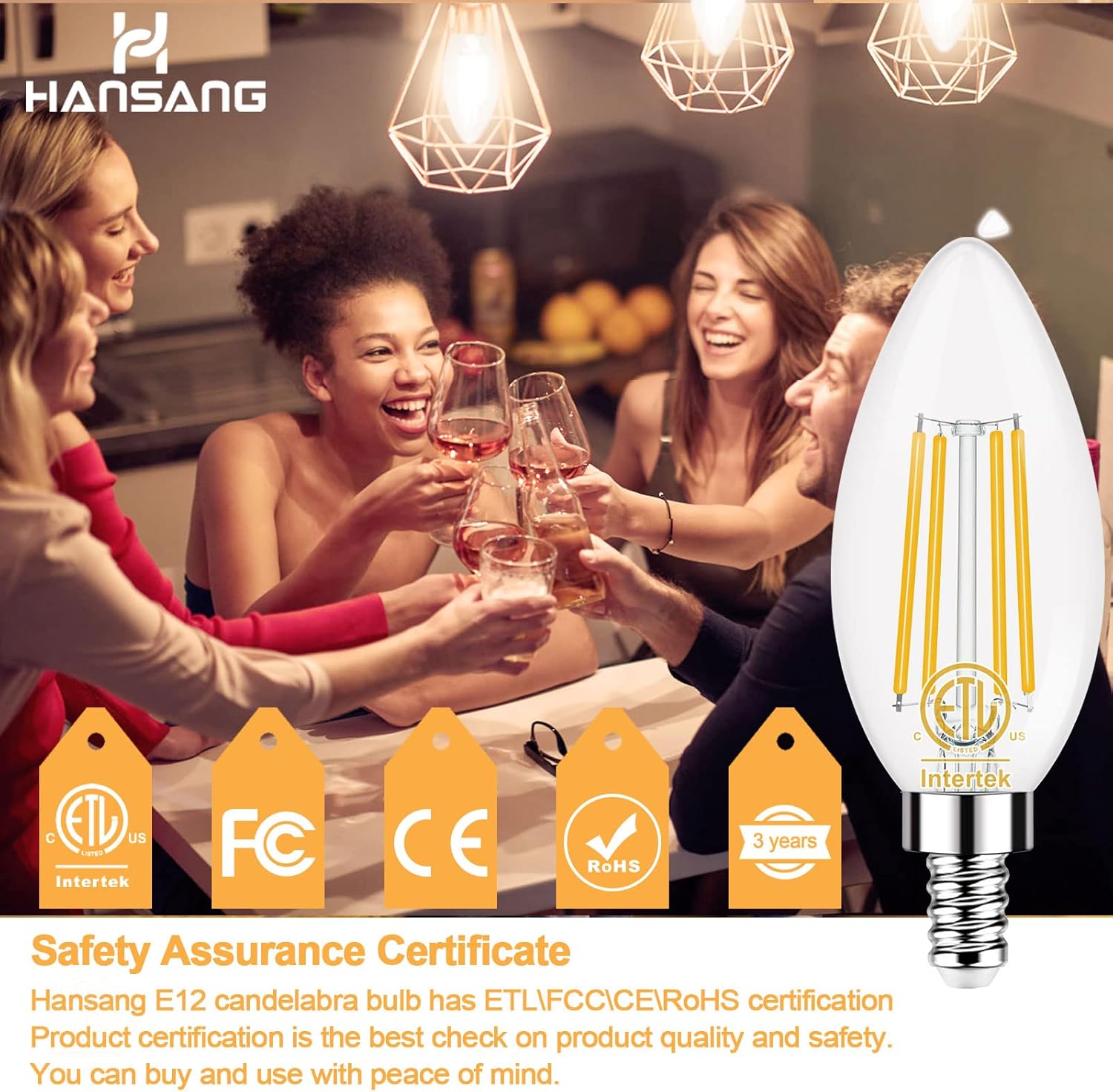 hansang E12 LED Candelabra Bulb 2700K Warm White, 40W Equivalent Type B Light Bulbs, 4W Candle Shape B11 Bulb for Chandelier, LED Filament with Clear Glass, 120V, 400LM, 6 Pack, Non-dimmable