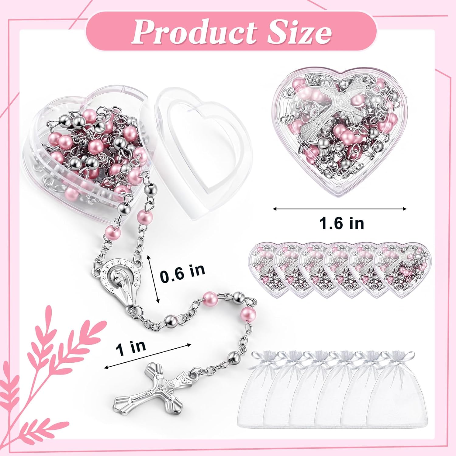 ROCEEI Catholic Rosary Necklace 4 mm Glass Beads Rosary Favors Crucifix Prayer with Faux Pearl with Heart Shaped Box and Organza Bag for First Communion Baptism