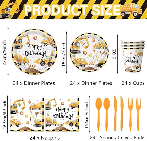 Miniatura 2 de Suministros de fiesta de cumpleaños de construcción, decoraciones temáticas de construcción, incluye platos, vasos, servilletas, cubiertos, perfecto
