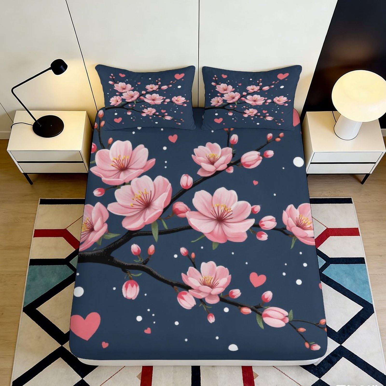 3D Printed Cherry Blossom Fitted Sheet Microfiber Soft Bedroom Decor Heart Pattern Mattress Cover for Adults Teens 90x200x25cm