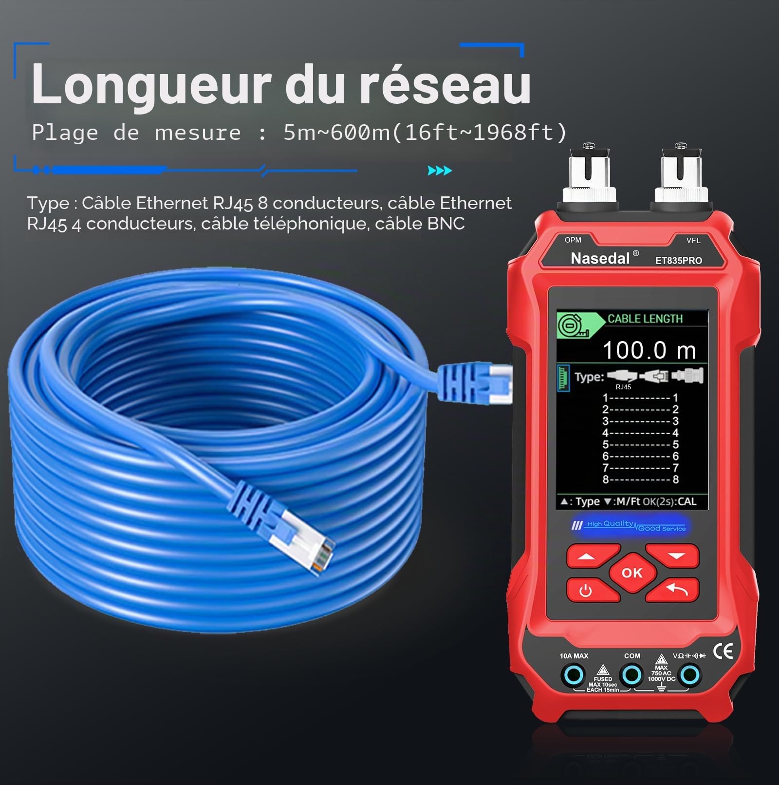 Testeur de Câble Réseau Compteur de Puissance Optique Multimètre VFL 4 EN 1, Traqueur de fil RJ45 CAT5 CAT6 CAT7 CAT8 Test UTP STP QC Longueur du Câble Scan Mapping Port Flashng Testeur POE
