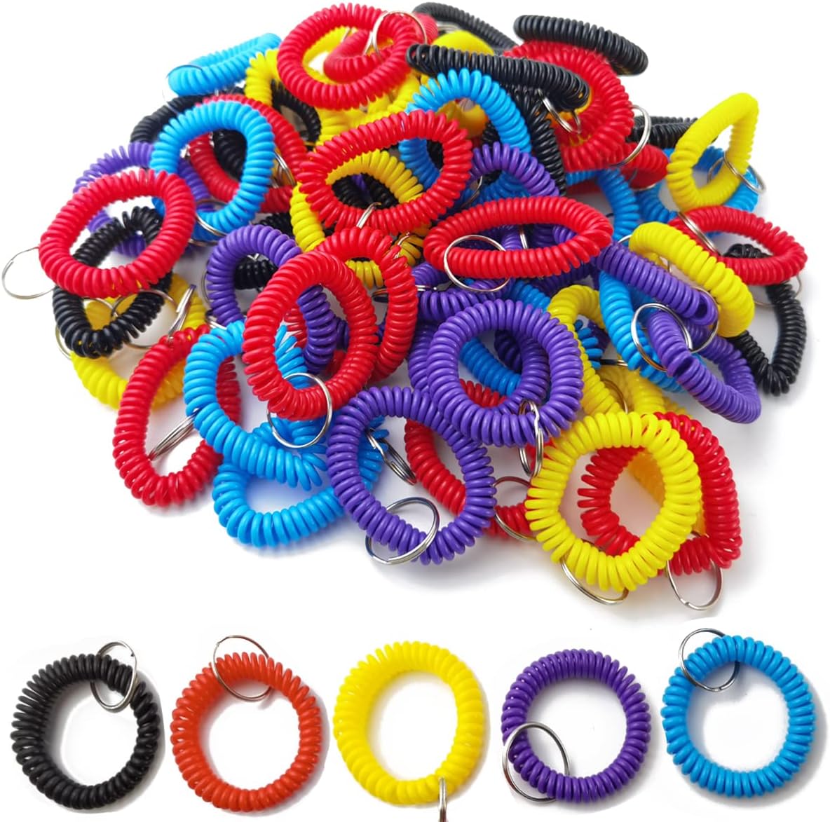 100PCS Multicolor Plastic Stretchable Spiral Bracelet Wrist Coil Key Chains, Wrist Band Key Ring Chain for Office, Workshop, Shopping Mall, Sauna, Outdoor Sport