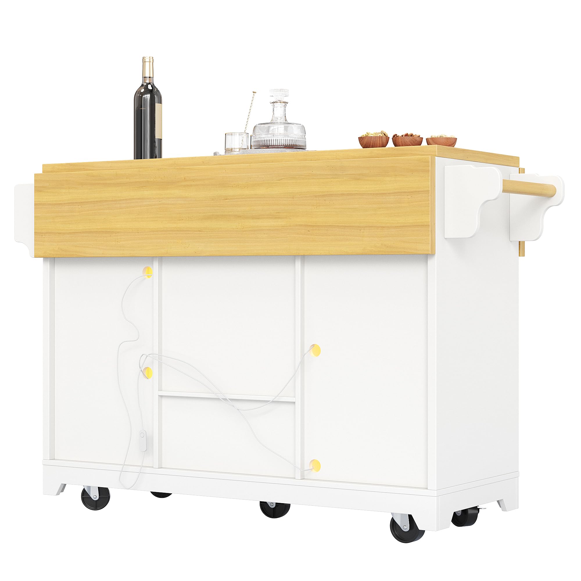 MURUL Carrito para servir blanco, isla de cocina plegable con iluminación LED RGB, carrito de bar móvil con botellero y estantes ajustables, superficie de trabajo de 120 cm