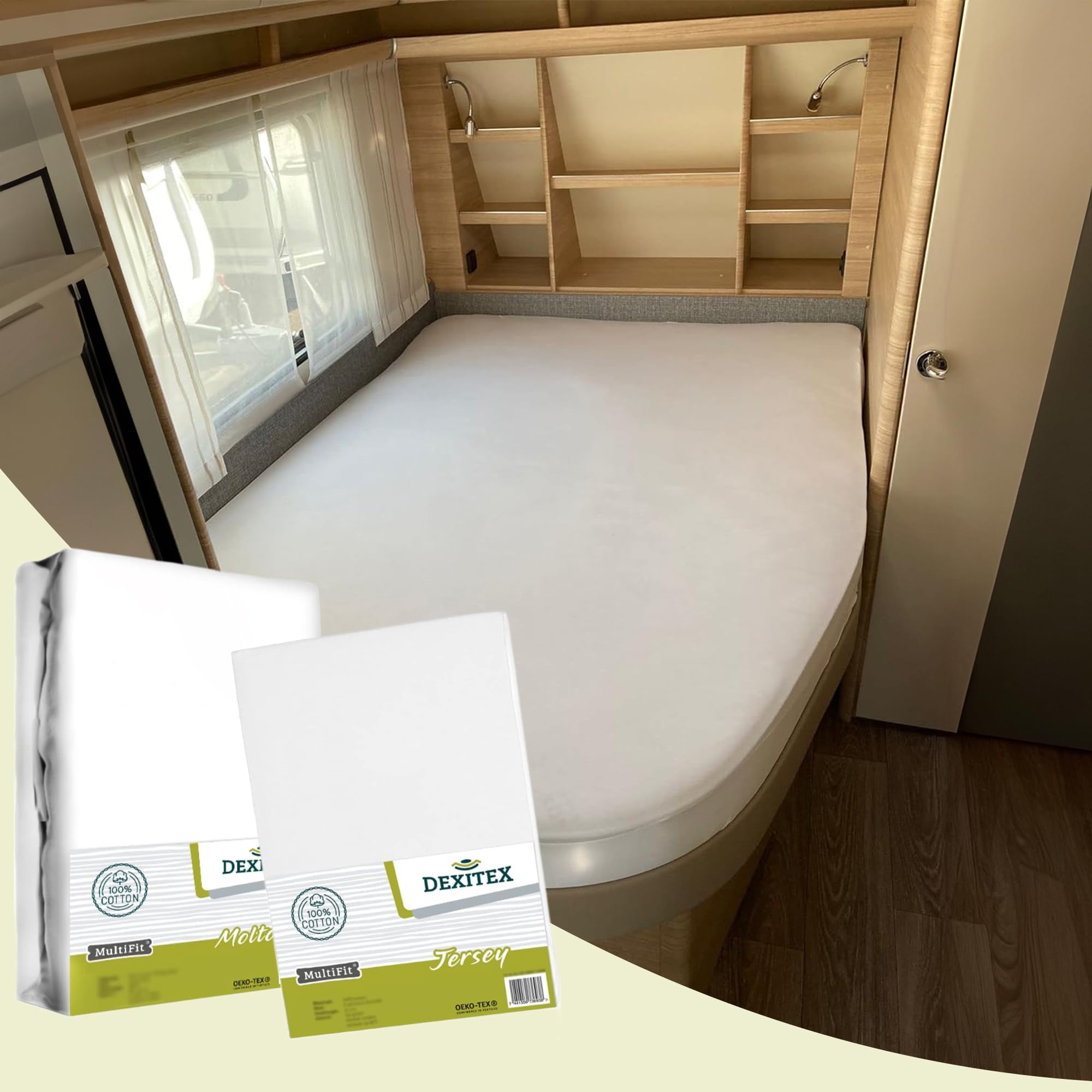 Spannbettlaken Wohnmobil 2er Set - 1 Spannbettlaken Weiß + 1 Molton matratzenschoner mit Ecke rechts(125-155cm x 200cm)- Französische Betten - für Wohnwagen Matratze - Oeko-TEX