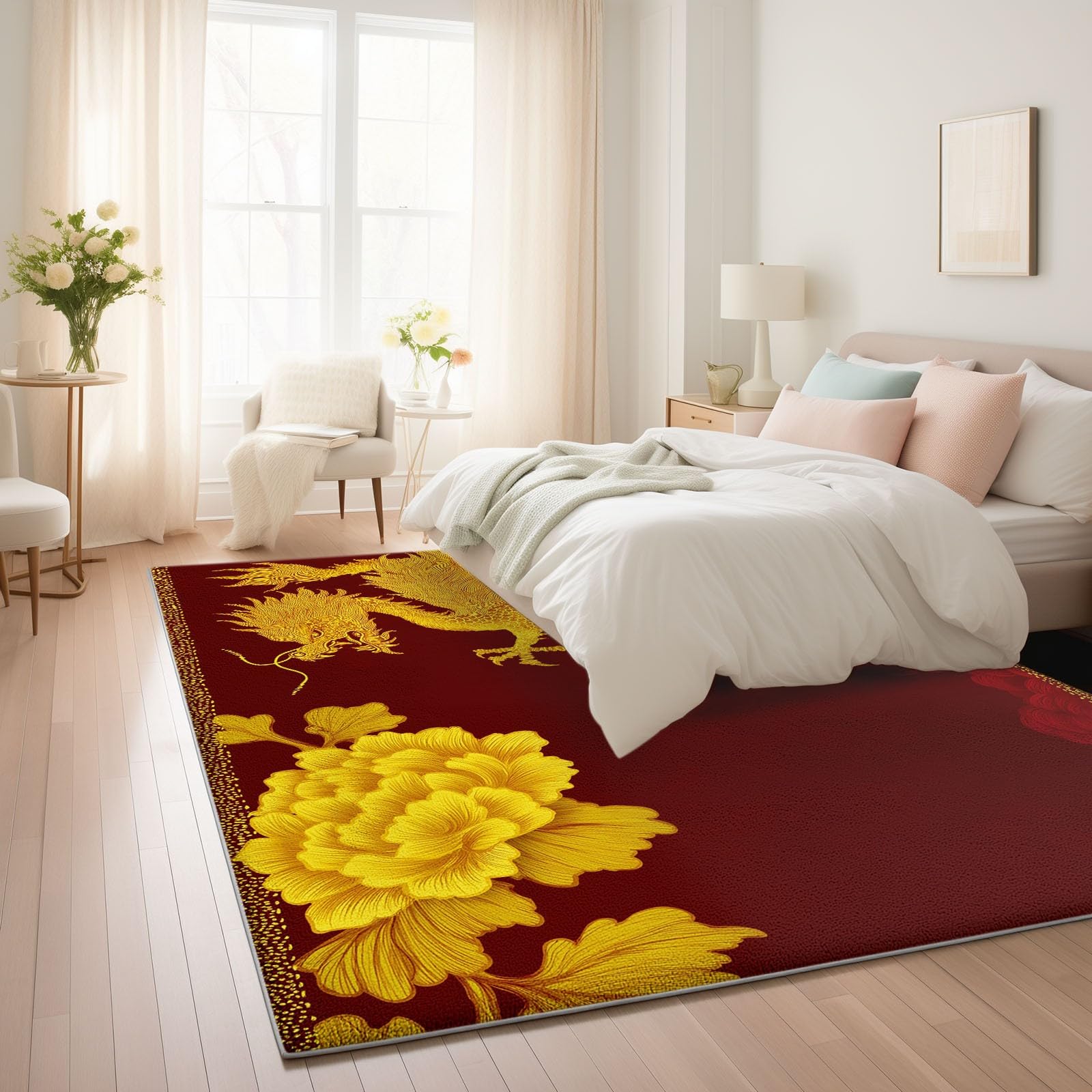 Tapis de Salon Moderne 140 cm x 200 cm Bordeaux Dragon Chinois Fantastique Nuage Et Brume, Poils Courts Anti tache Lavable - Tapis pour Chambre Enfant Adulte Cuisine Entrée - Confortable Doux