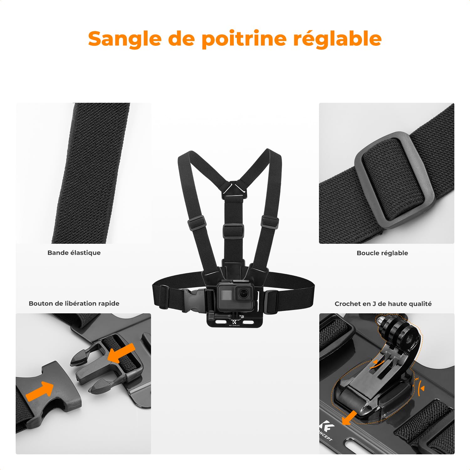 K&F CONCEPT Sangle Harnais de Poitrine et Bandeau et Dragonne et Clip de Sac et 5 Vis en T et Clip de Téléphone et 4 Dégagement Rapide et Adaptateur de 1/4" Compatible avec GoPro/DJI Aciton/Téléphone