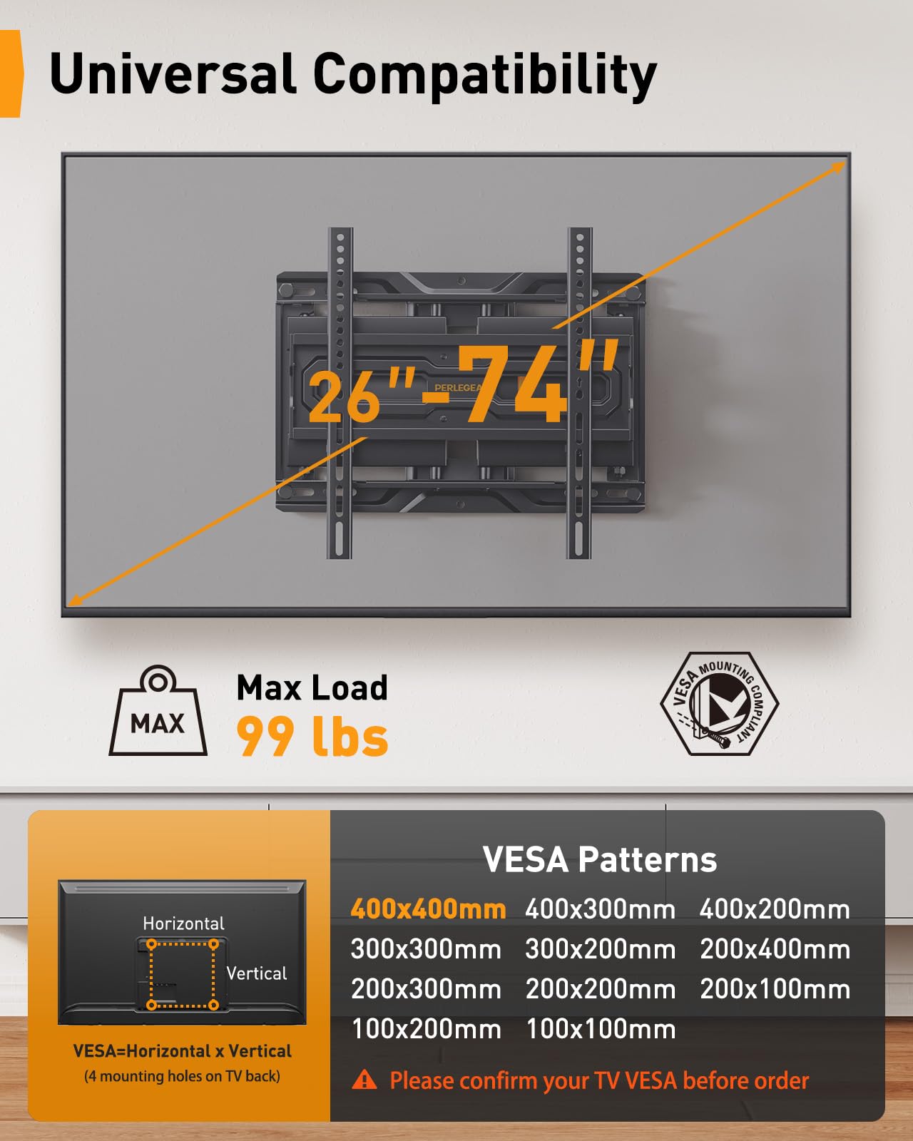 Perlegear Full Motion TV Wall Mount for 26-74 inch TVs, Height Adjustable TV Mount, Pre-Assembled Wall Mount TV Bracket with Tool-Free Tilt, Swivel, Fits 16” Studs, 99 lbs, Max VESA 400x400mm, PGMF21 - 3