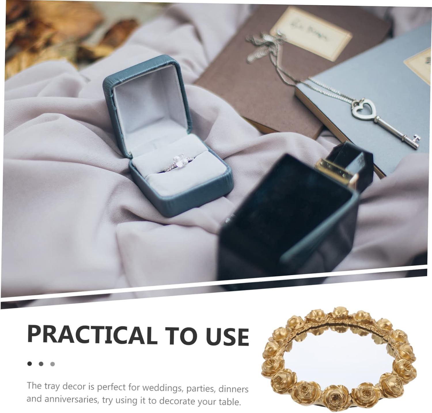 Zerodeko Elegant Vintage Decorative Tray for Jewelry Makeup and Trinkets Mirror Rose Design Multi-functional Storage Dish for Bathroom and Dresser Decor Gold Finish