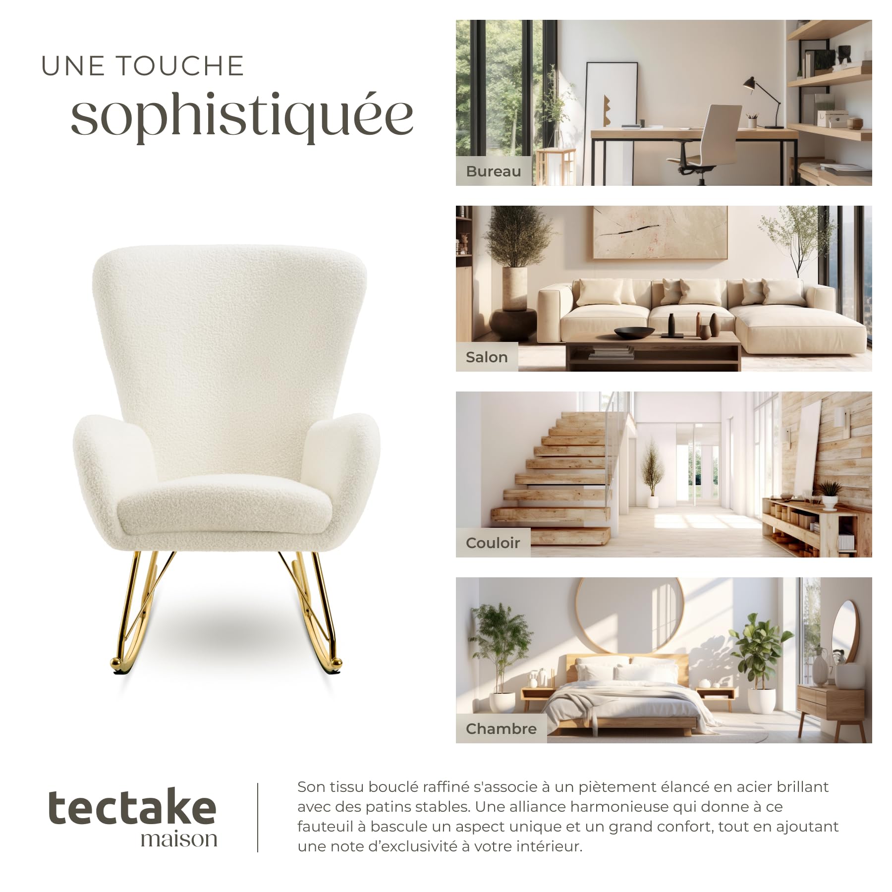 tectake® Rocking Chair Fauteuil à Bascule rembourée avec Accoudoirs Bouclette Cadre en Acier Fauteuil Salon Veranda, Chaise Ergonomique idéal Détente, Allaitement