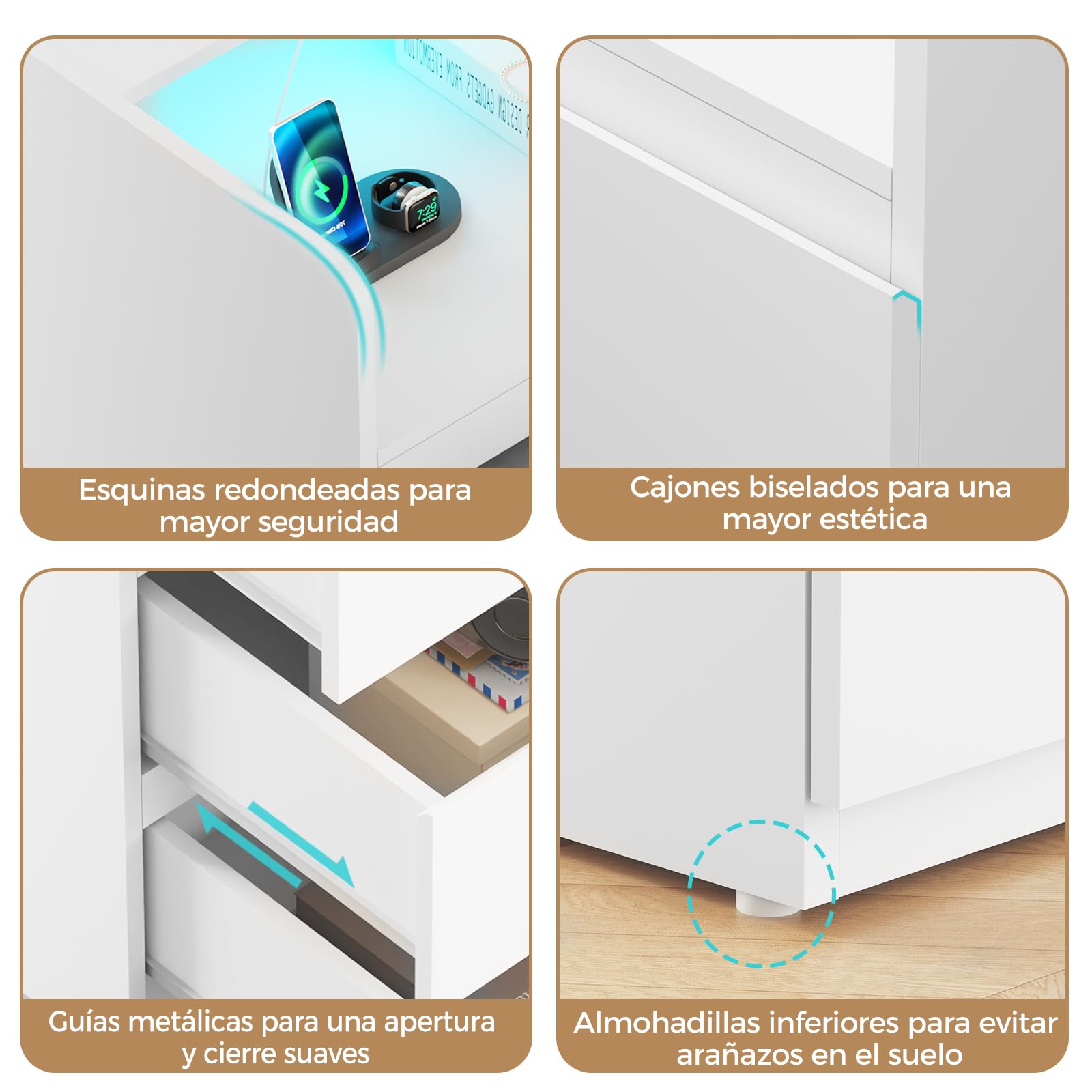 ANWBROAD Mesita de Noche con Enchufes Integrados,Mesilla de Noche con Tira de Luces LED,3 Cajones 1 Compartimento,Mesita de Noche Moderna para Dormitorios Salones (2, Blanco) BNS014W