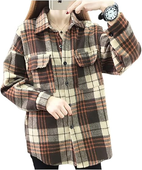 Amazon エムエルーセ チェック柄 ロングシャツ ゆったり 厚手 長袖 シャツ レディース ふんわり 袖あり オフィス オトナ シンプル ミセス アウター 上着 羽織 ボタン 部屋着 室内着 通勤服 よそいき デート 合コン コンパ デザイン 着やせ 着痩せ ゆるっと ラフ コーデ