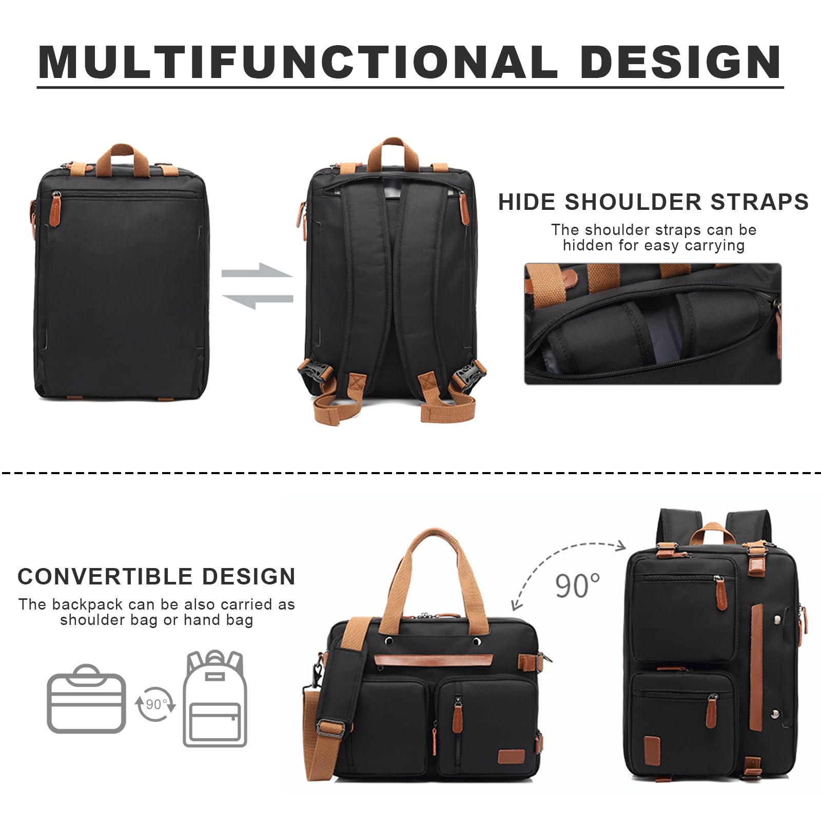 SONARIN Mochila Portatil,Convertible Mochila de Trabajo Bolso de Hombro Maletín Impermeable Mochila Ordenador 15.6 Pulgadas Mochila de Viaje Bolsa Casual para Hombres Mujeres(Negro)