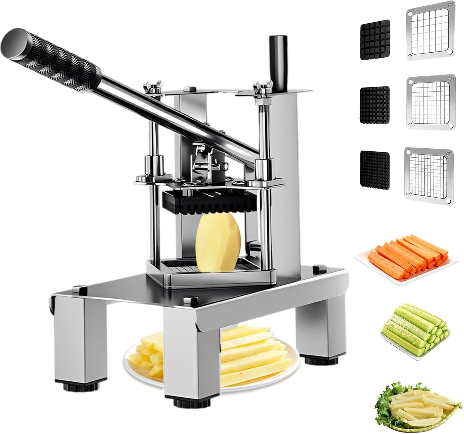 Commercial French Fry Cutter and Vegetable Fruit Dicer with 3 Stainless Steel Blades 3/8", 1/2", 1/4" Heavy Duty Stainless Steel Potato Slicer for Restaurants and Home Kitche