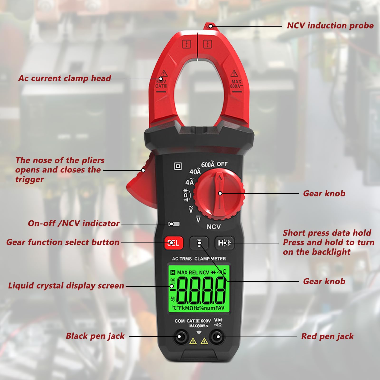 BYZESTY Strommesszange AC DC True-Rms 4000 Zähl, Zangenmultimeter Hintergrundbeleuchtung, Strommessgerät Digitales Für Die Messung AC/DC Spannung Strom Temperatur Widerstand Kontinuität Diode