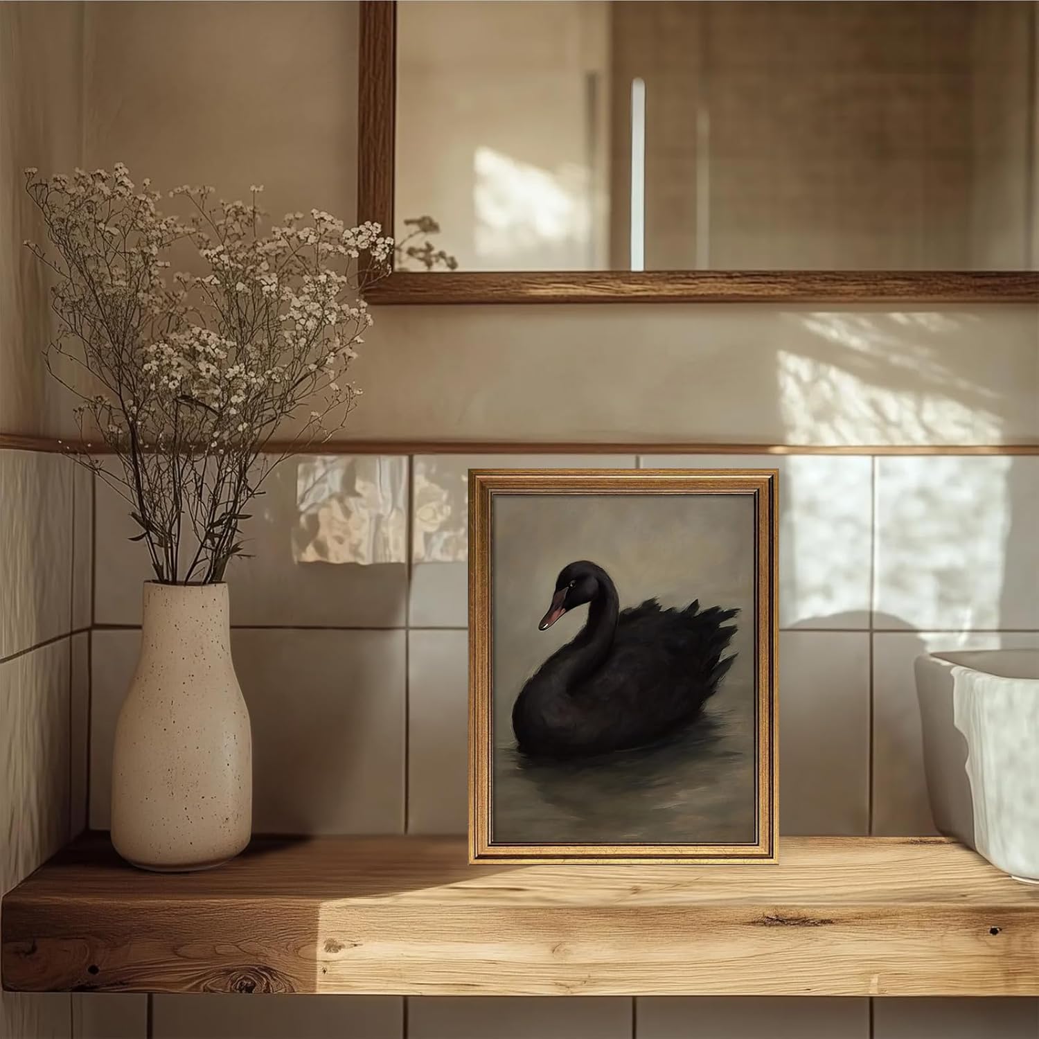 Aroutde Framed Swan Canvas Wall Art for Living Room, Vintage Gold Framed Black Swan Painting Wall Decor, Moody Animal Farmhouse Artwork Home Decor 16W''x 24L''