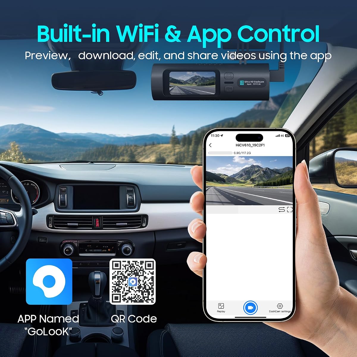 KAWA Dash Cam 2K, Mini Spherical with Voice Control & Wi-Fi Car Camera view 4