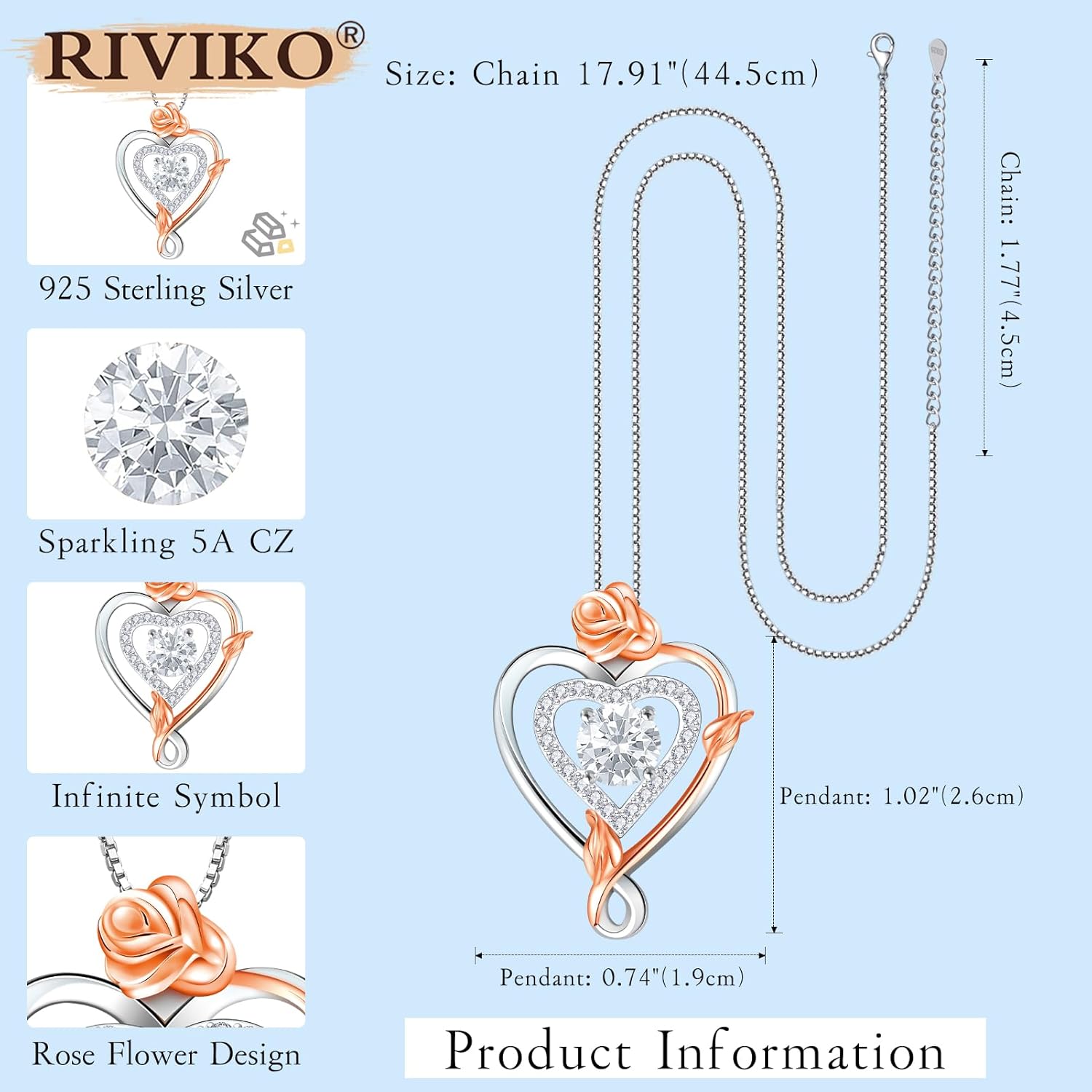 RIVIKO Infinity Heart Symbol Rose Birthstone Necklace for Women,925 Sterling Silver Heart Pendant Necklaces,Anniversary Valentines Jewelry Birthday Mothers Day Gifts for Mom Her Wife Women Girlfriend - Image 5