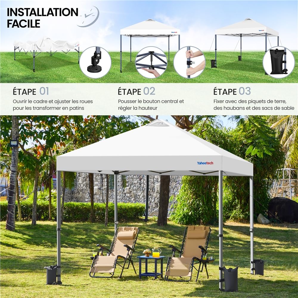 Yaheetech Tonnelle de Jardin 3x3, Tente d'Extérieur Pop-up UV 50+ avec Sac de Transport à roulettes Blanc