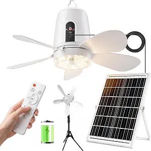 Solar Ceiling Fan Light with Remote, 18000mAh Rechargeable Battery, Portable 21" Outdoor Fan for Patios, Camping, and More