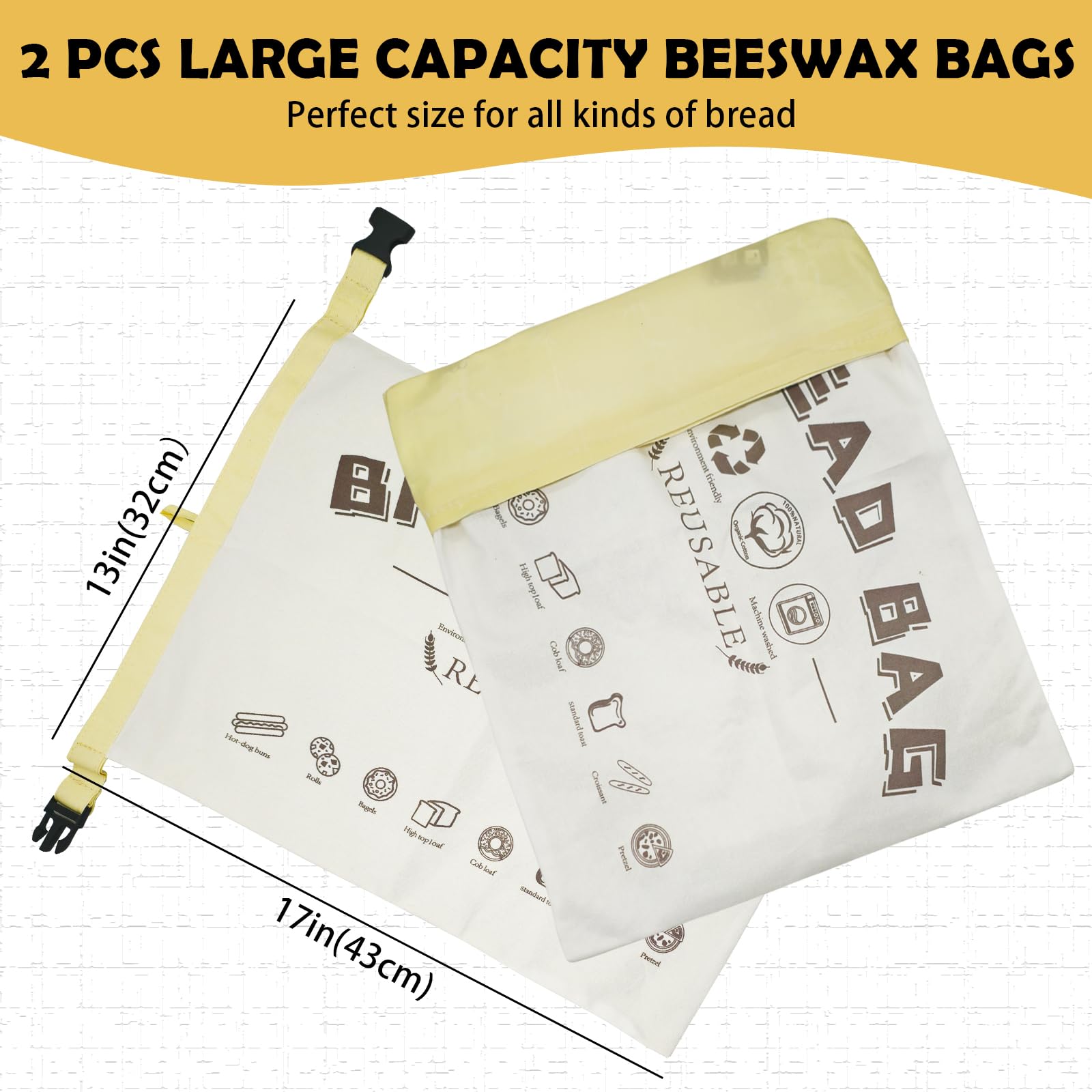Pathonidis 2 Pack Beeswax Bread Bags for Homemade Sourdough,Cotton Beeswax Bags for Bread Storage,Reusable Food Storage Bag For Keeping Fresh(White,13x17in)