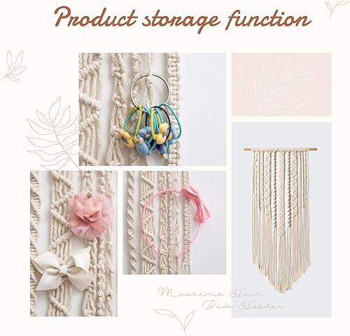 Miniatura 4 de Mkono Soporte de lazo de macramé para colgar el pelo, organizador para lazos para el pelo de niñas, pinzas para el pelo de pared bohemio, gancho