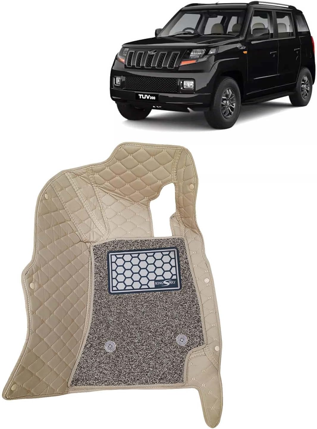 KINGSWAY® TUV 300 7D Car Mat for (Year 2015 to 2020), Compatible with Mahindra TUV 300 Car Floor Mats, Complete Set of 4 Pieces, Top-Notch PU Leatherette 7D Foot Mats, Washable, Beige