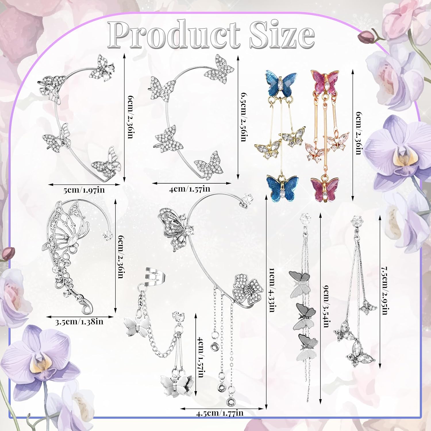 Nosiny 9 Pairs Butterfly Ear Cuffs Earrings Long Drop Dangling Glitter Rhinestone Earrings Wrap Around Jewelry for Women - Image 2