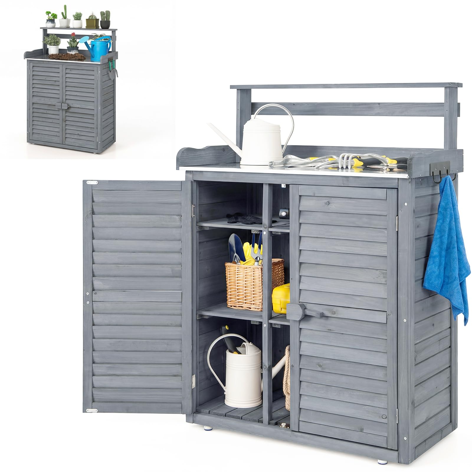HOMASIS Pflanztisch aus Holz, Gartentisch mit Schrank & Arbeitsplatte, Arbeitstisch mit abnehmbarem Regal & 3 Haken, Blumentisch Outdoor wetterfest, für Terrasse Garten Balkon, 87x45x120cm (Grau)