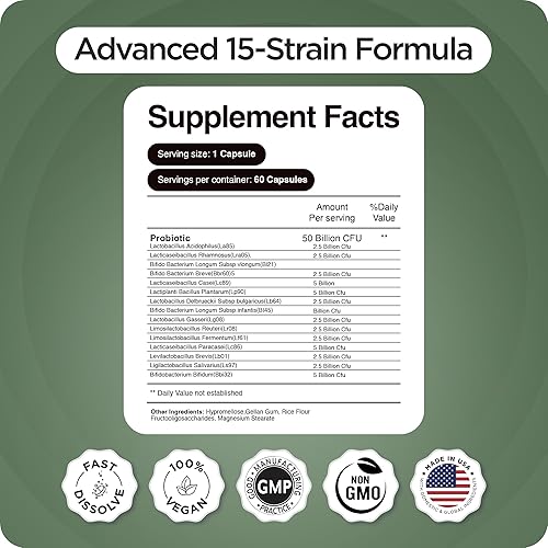 Miniatura 5 de Probióticos 50 mil millones de UFC, fórmula estable de 15 cepas con tecnología de liberación dirigida, salud digestiva y apoyo inmunológico para