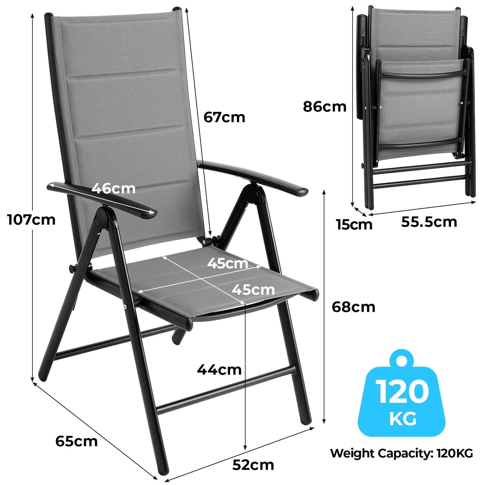 LIFERUN Juego de 4 sillas de jardín con respaldo alto, plegable, silla de balcón de aluminio, hasta 120 kg, con respaldo y asiento acolchados, 7 posiciones, silla de comedor para exteriores, con