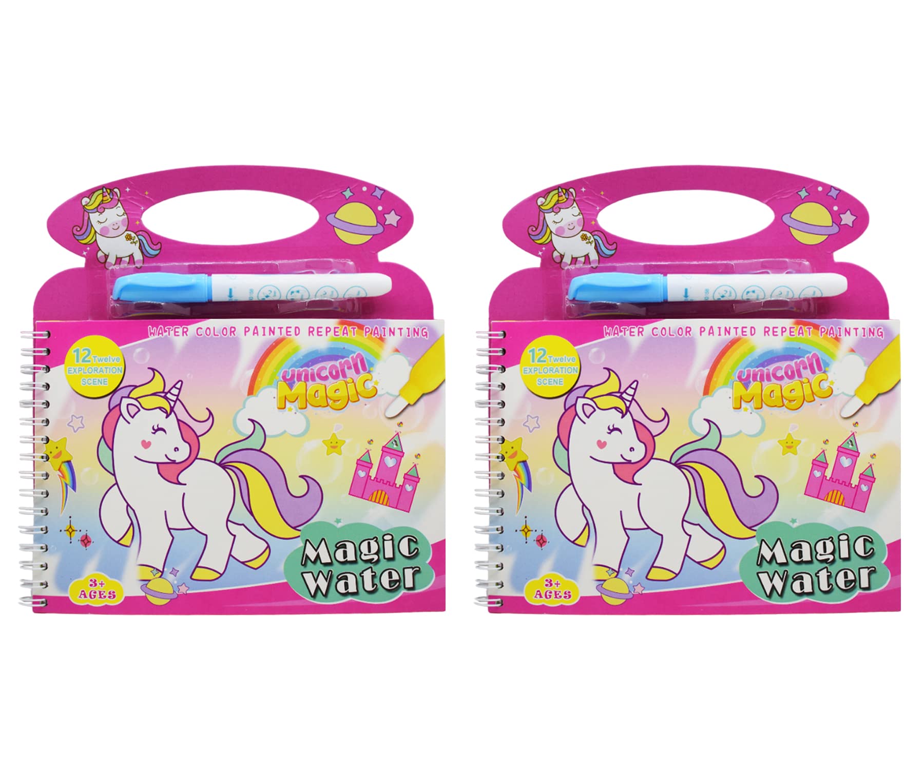 Asera Unicorn Theme Reusable Magic Water Painting Book Magic Doodle Pen Kids Coloring Doodle Drawing Board Games Child Educational Toy Magic Book Water Painting for Kids (2 Pcs)