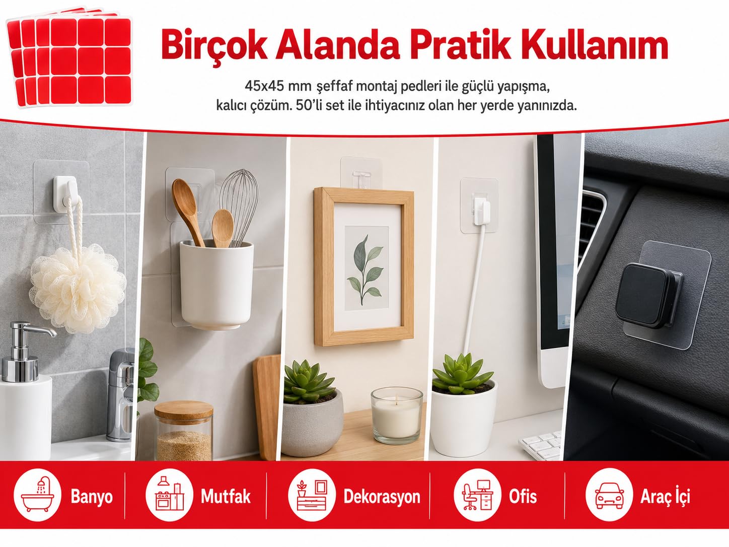 Alper Banyo 50 Adet 45x45 mm Şeffaf Yapışkan Kırmızı Koruyucu Filmli Çift Taraflı Güçlü Yapışkan Bant, İz Bırakmadan Çıkarılabilir Çok Amaçlı Montaj Pedi