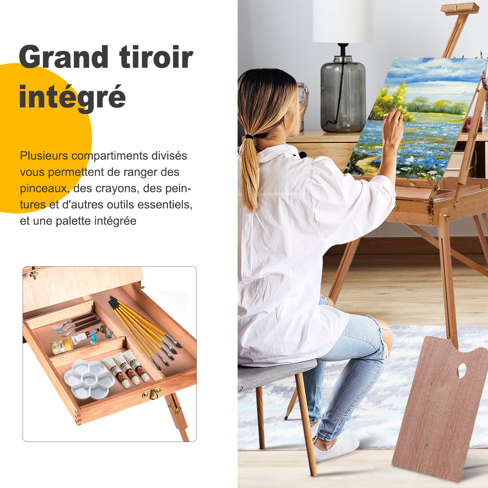 COSTWAY Chevalet Réglable Trépied avec Tiroir, Chevalet Professionnel Multifonction pour Peindre, Dessiner pour Peinture en Bois de Hêtre, Hauteur Réglable, 71 x 114 x 180 cm