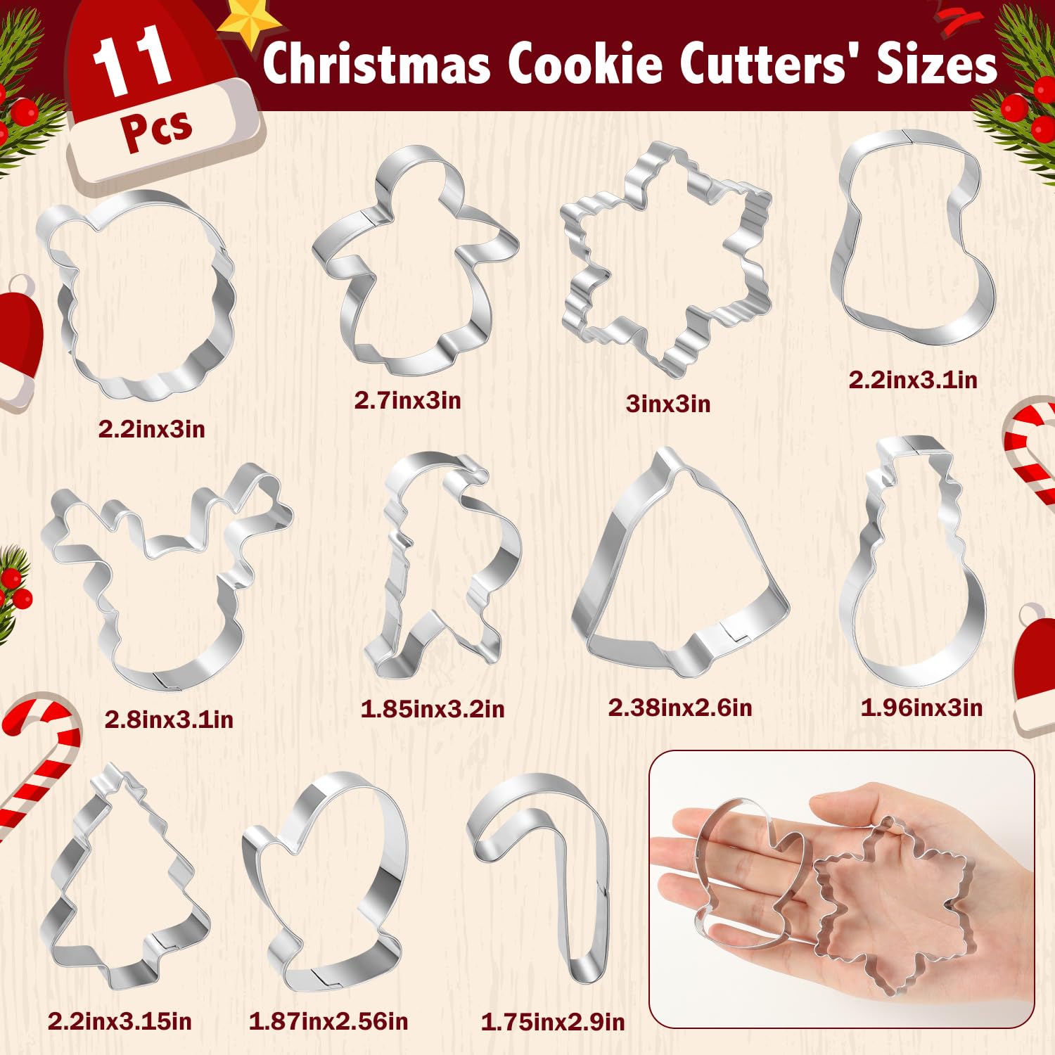 Juego de 11 cortadores de galletas de Navidad, cortadores de galletas de acero inoxidable con copo de nieve, muñeco de nieve, campana y más para manualidades, suministros de decoración de fiesta de