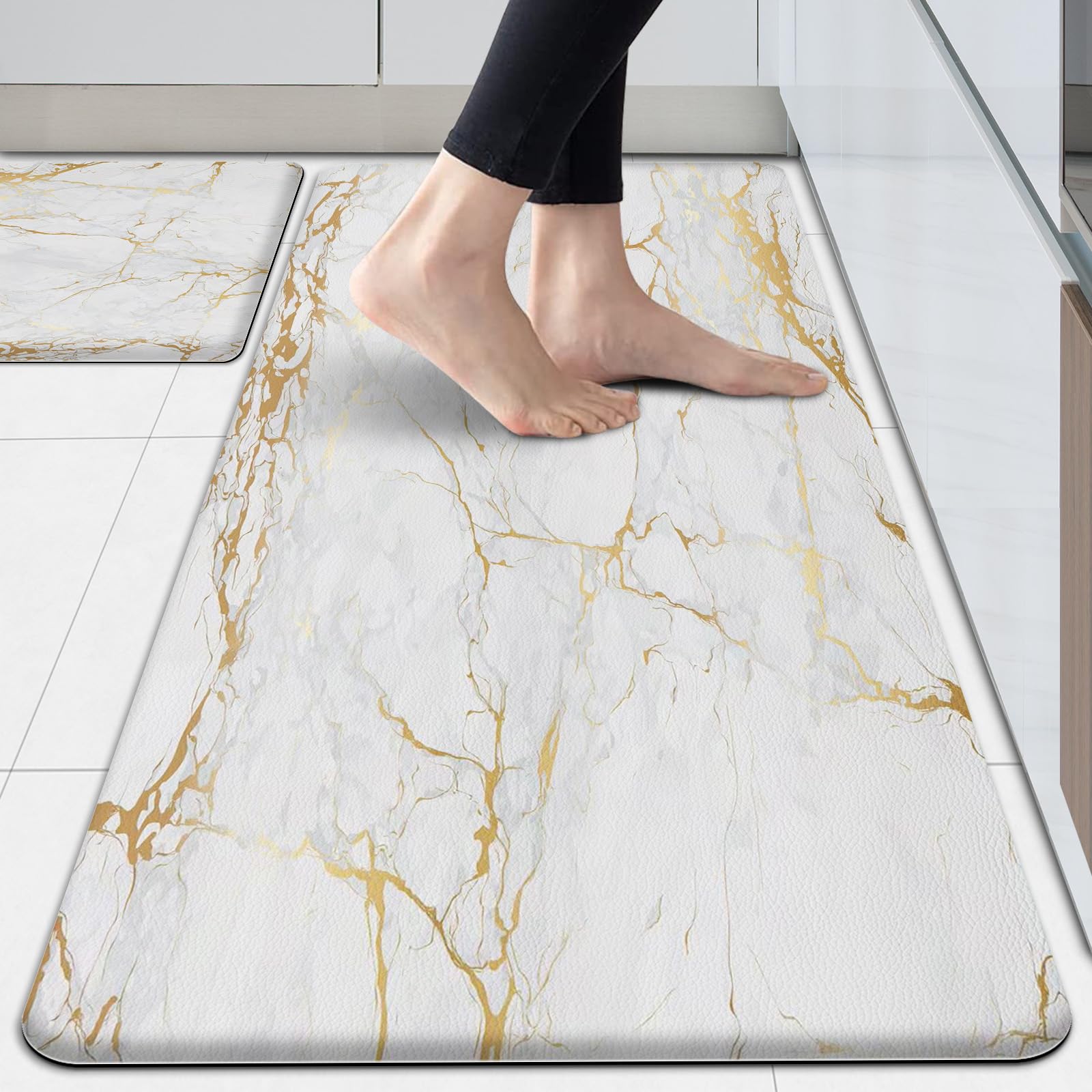 kitchen floor mats cushioned anti fatigue, white marble kitchen rugs set of 2 non slip waterproof memory foam kitchen mat comfort standing mat for gold kitchen accessories and décor