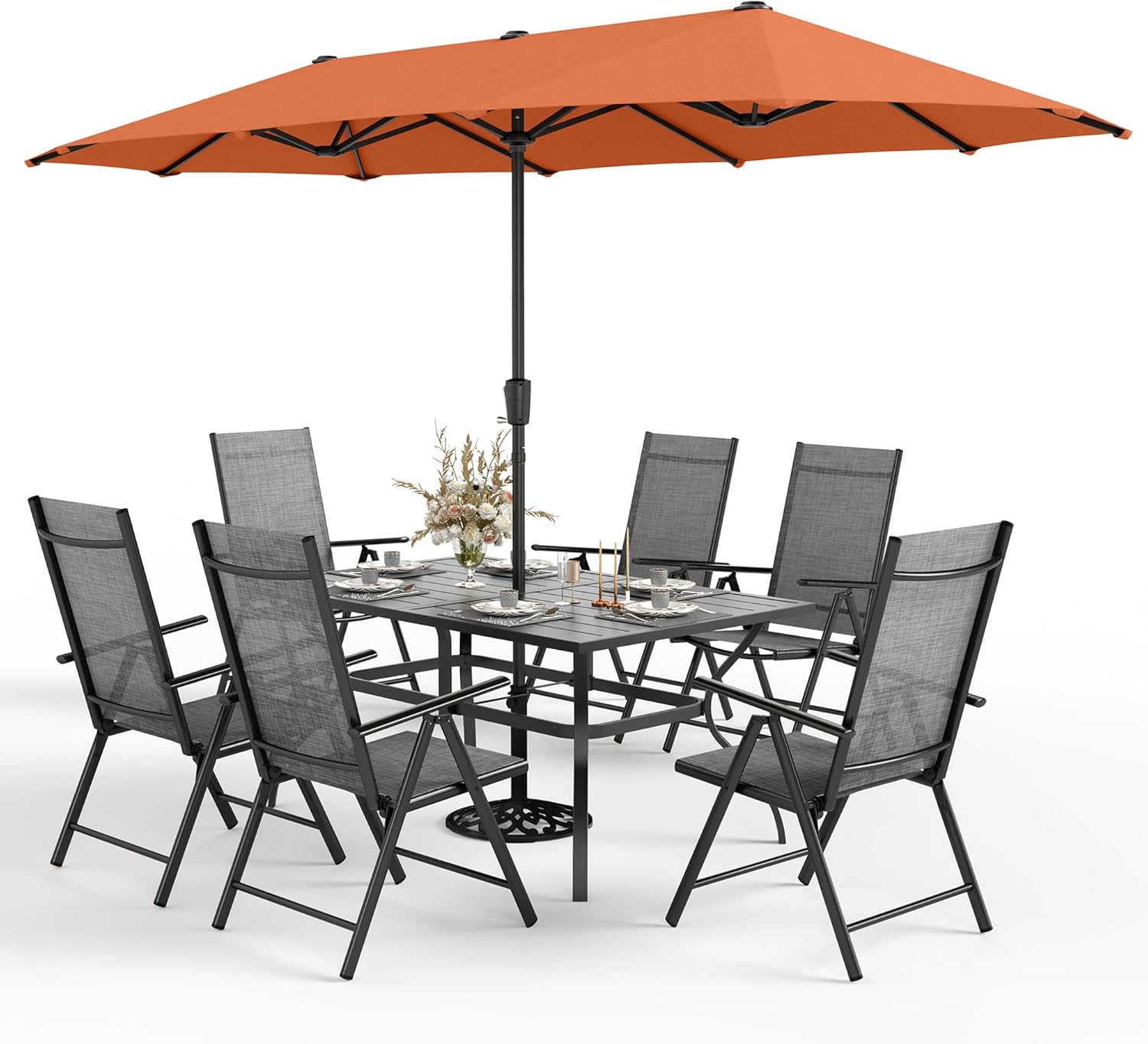 Sophia & William 7 Pieces Patio Dining Set with 13ft Navy Blue Umbrella, Folding Outdoor Dining Chairs for 6, Rectangular Metal Patio Table and Sling Chairs Set, Grey