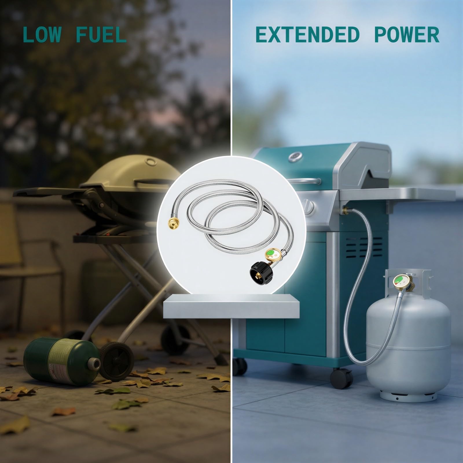Tuyau d’extension pour réservoir de propane de 6 ft, tresse en acier inoxydable, avec manomètre, adaptateur QCC1, compatible avec chauffage portable, barbecue Weber, réchaud Coleman et appareils à gaz