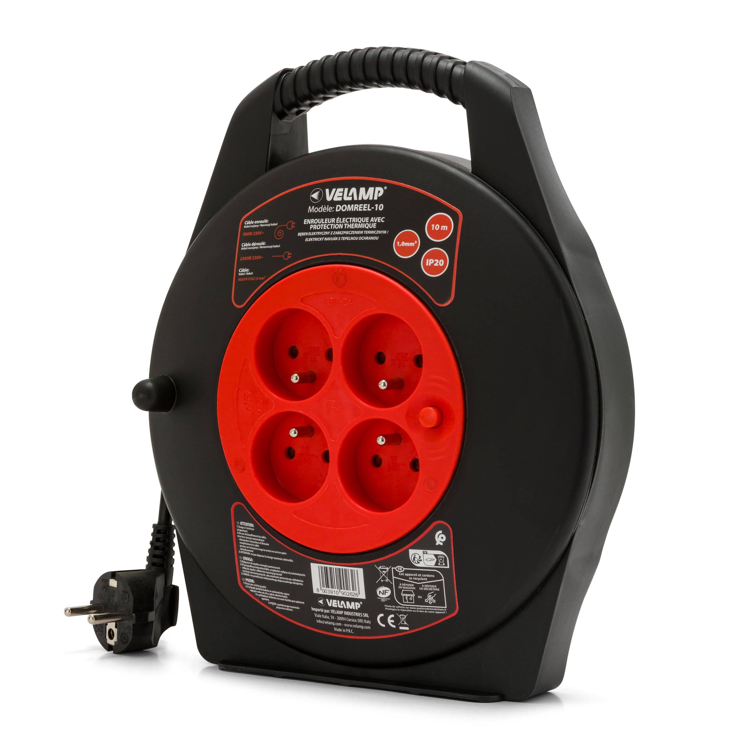 Velamp DOMREEL-10- Enrouleur HO5VV-F 4 prises 3G1.0 10m + coupe-circuit - avec poignée