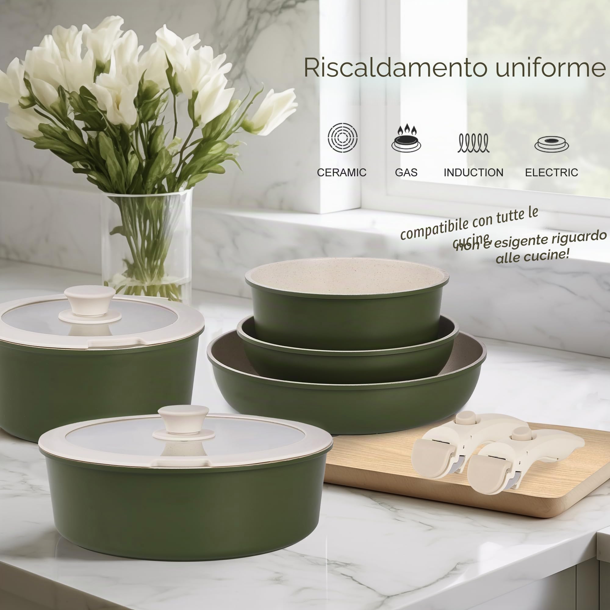 RIOVARM Induzione Set di pentole e padelle con manici staccabili, Impilabile Antiaderente In granito Set di pentole con coperchi, Salvaspazio Set di utensili da cucina Senza PFOA, Padella, Casseruole