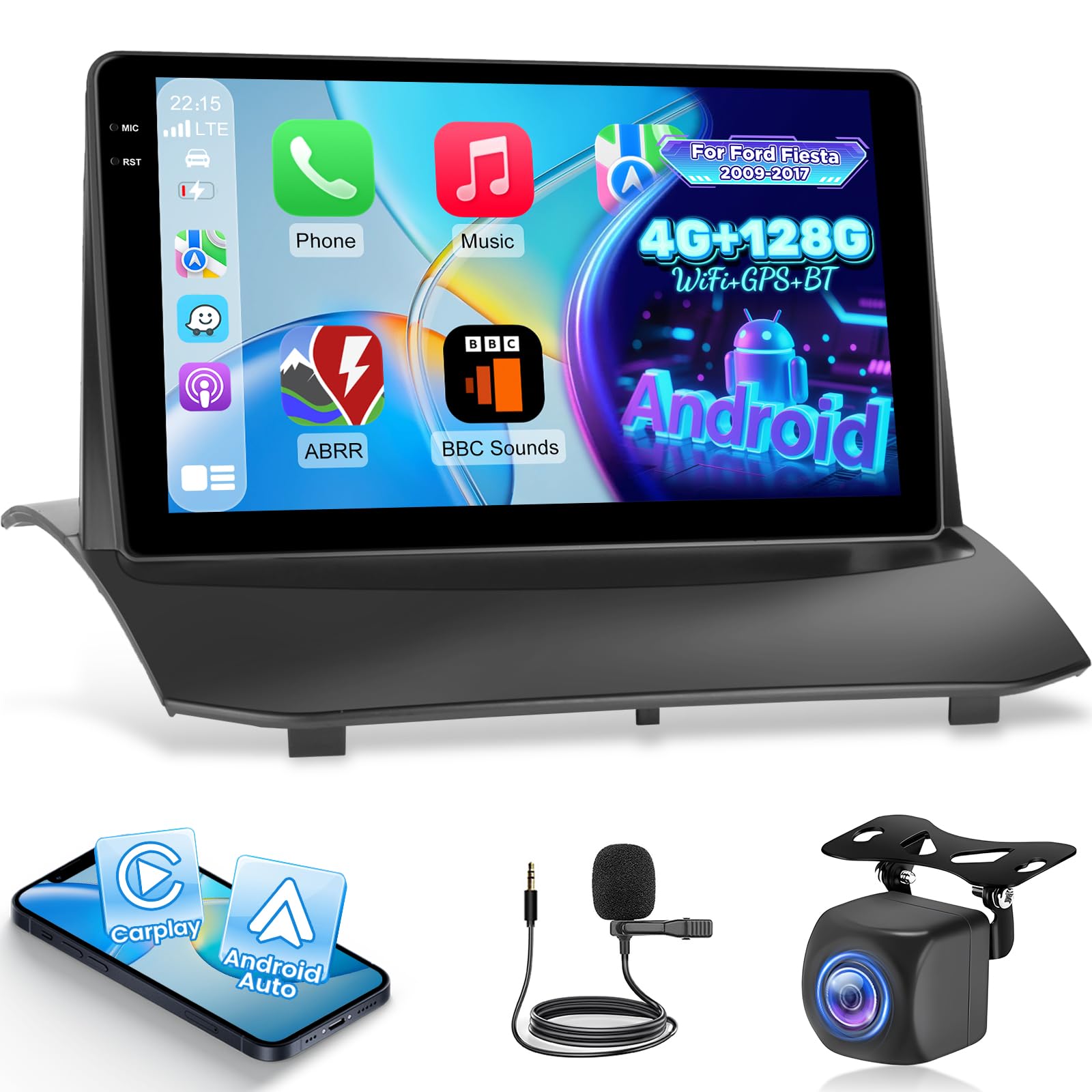 Autoradio NHOPEEW 4+128G Android pour Ford Fiesta 2009-2017 avec Carplay sans Fil et Android Auto - Écran incell 9 Pouces Prise en Charge WiFi GPS Commandes au Volant + Caméra de recul, Canbus