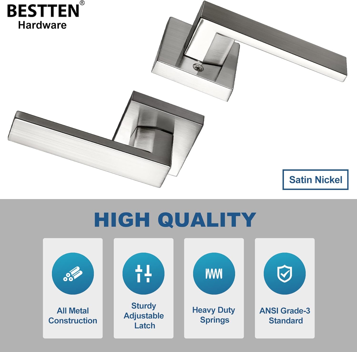 BESTTEN Square Passage Door Lever for Hallway and Closet, Keyless Door Handle with Removable Latch Plate, Modern Satin Nickel Interior Door Lever, 5 Pack