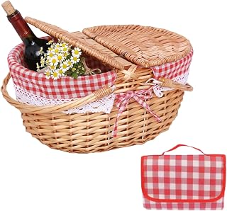 GOVNPJ Vintage Wicker Picnic Basket with Split Lid, Picnic Cloth & Folding Handle - 13.78x9.84x6.69in for Picnics, Hiking, Camping