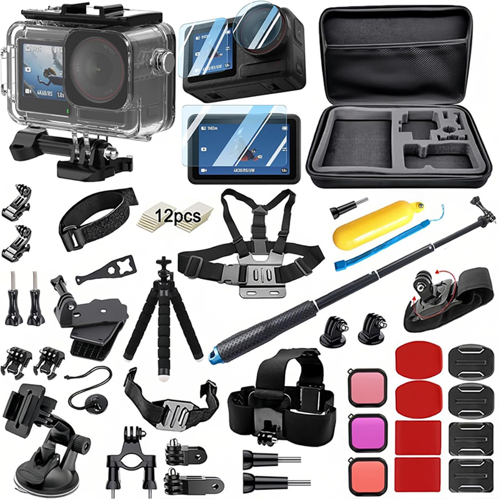 HTU Zestaw akcesoriów 55 w 1, kompatybilny z Osmo Action 5 Pro 4 3, zestaw akcesoriów, torba do noszenia, kijek do selfie, statyw, wodoszczelne etui, 1 zestaw